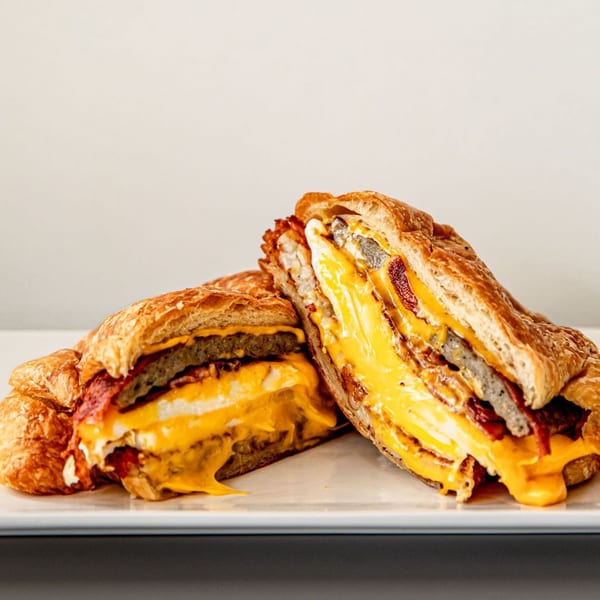 Two halves of a Big City Bagels breakfast sandwich, overflowing with melted cheese, egg, bacon, and sausage.